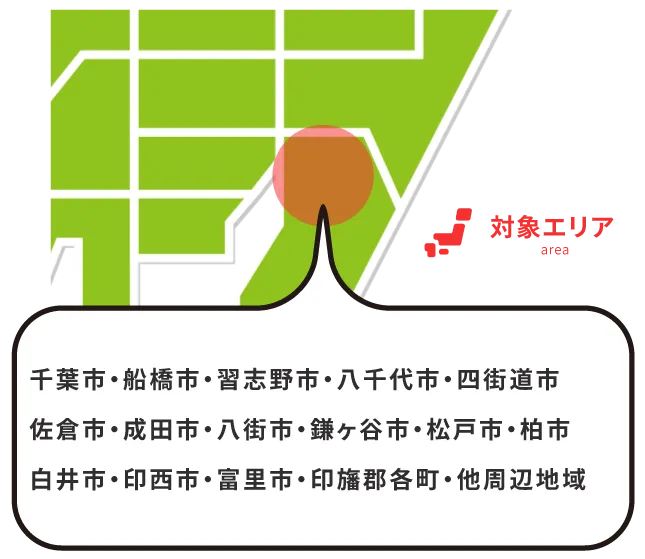 対応エリア:千葉市・船橋市・習志野市・八千代市・四街道市・佐倉市・成田市・八街市・鎌ヶ谷市・松戸市・柏市・白井市・印西市・富里市・印旛郡各町